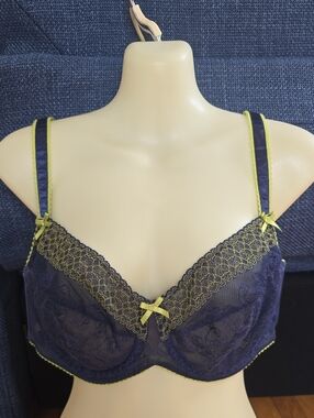 Fayreform Elegant Navy Lace Underwire Bra with Lime Trim Size 40D